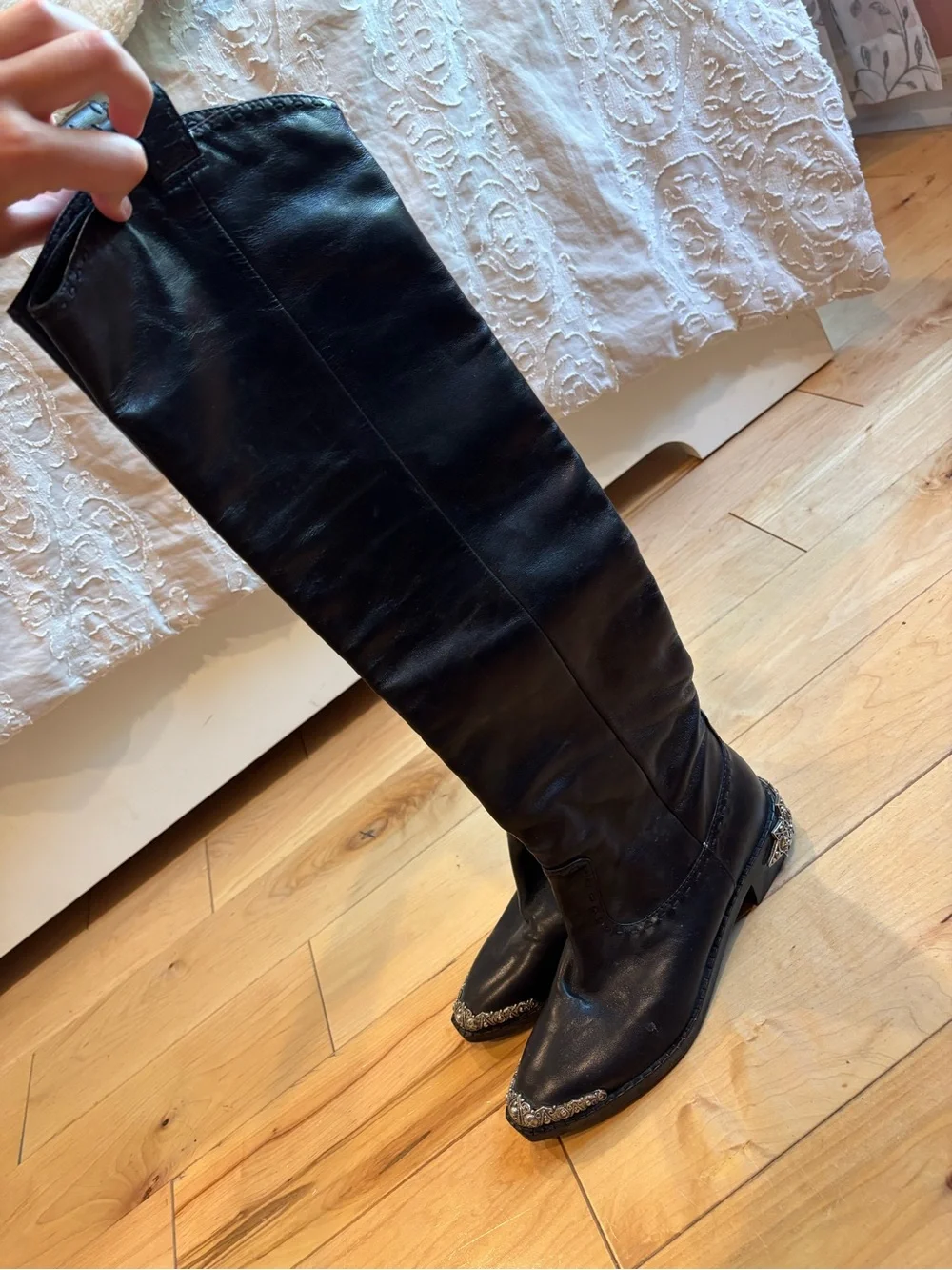 Women's Tall Black Leather Western Boots with Decorative Heel